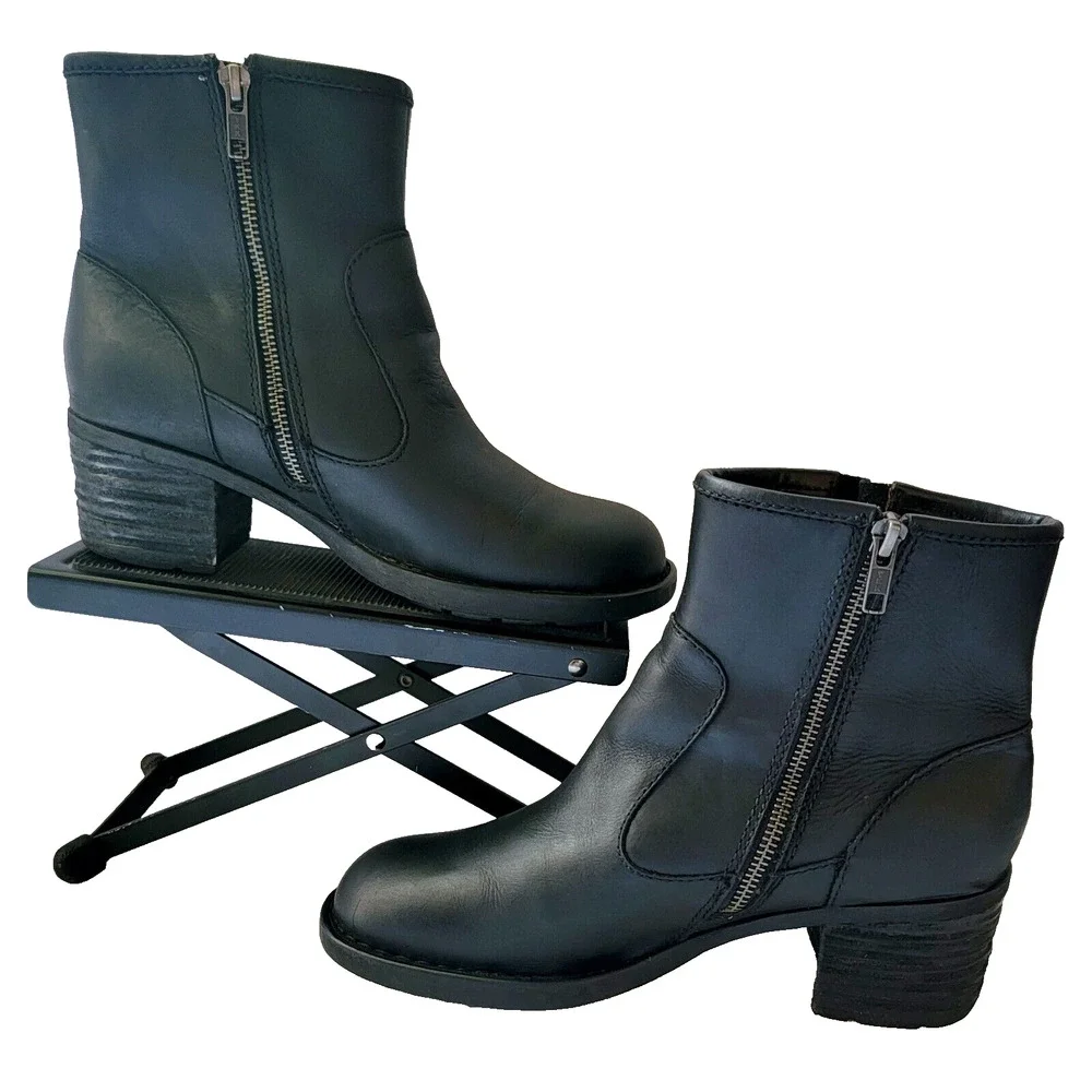 Born Kati Black Leather Moto Ankle Boots Side Zip Buckle Size 8M